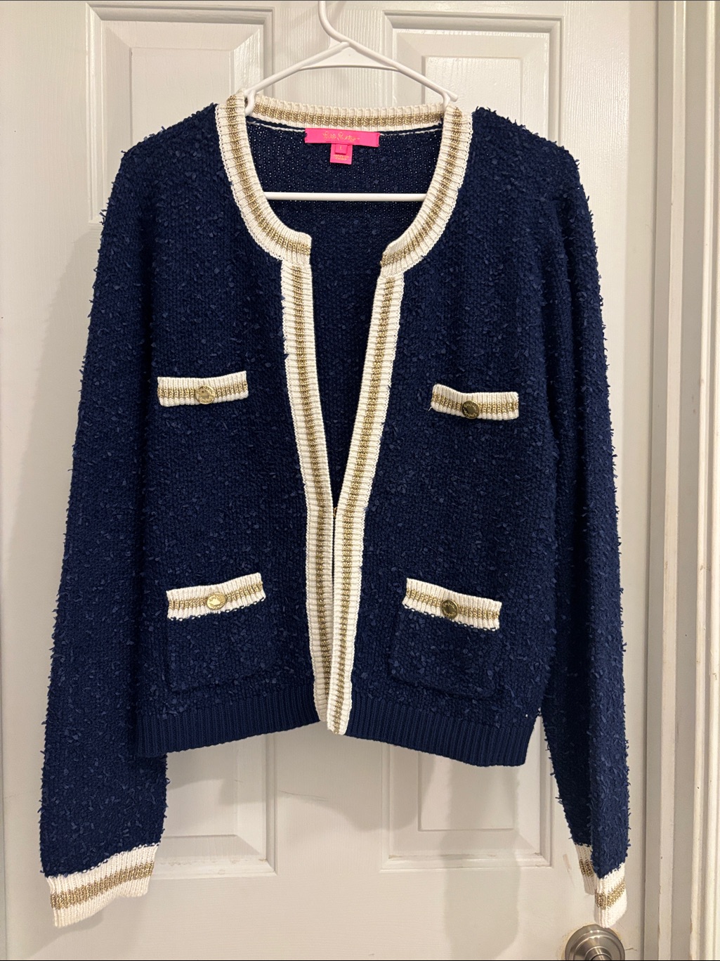 Lilly Pulitzer Navy Boucl Cardigan With Cream Trim